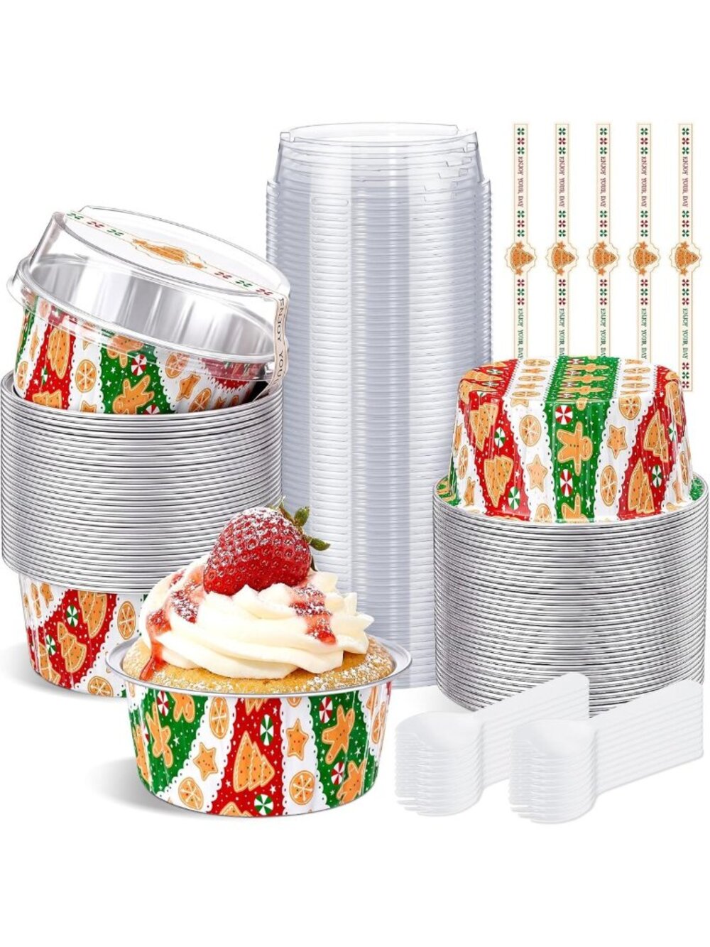 50 Pcs Christmas Mini Loaf Pans with Lids, Spoons & Stickers - Perfect for